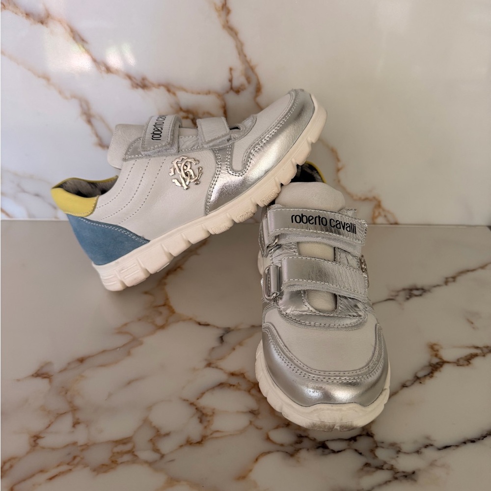 Roberto Cavalli Kids Metallic Silver and Blue Sneakers 32 eu, 1 us